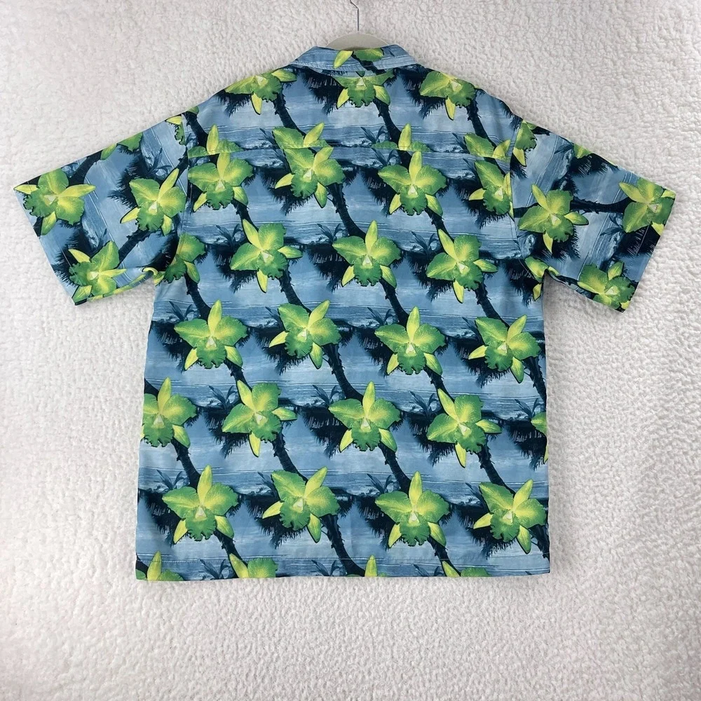Quiksilver Blue Palm Tropical Print Button-Down Shirt‎ Mens Short Sleeve Size L